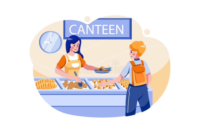 Boy Collecting Food from School Food Canteen Stock Vector