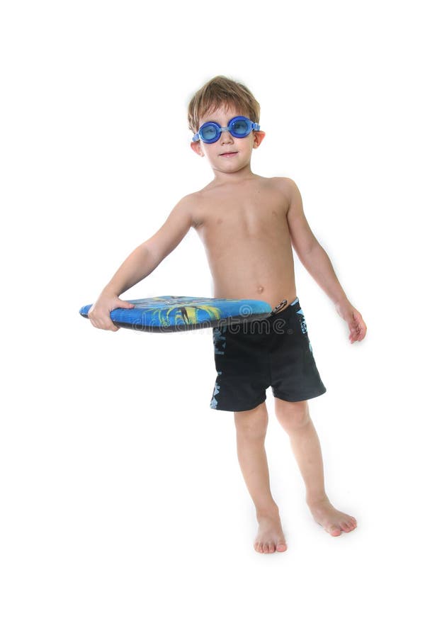 Boy with diving goggles and board over white