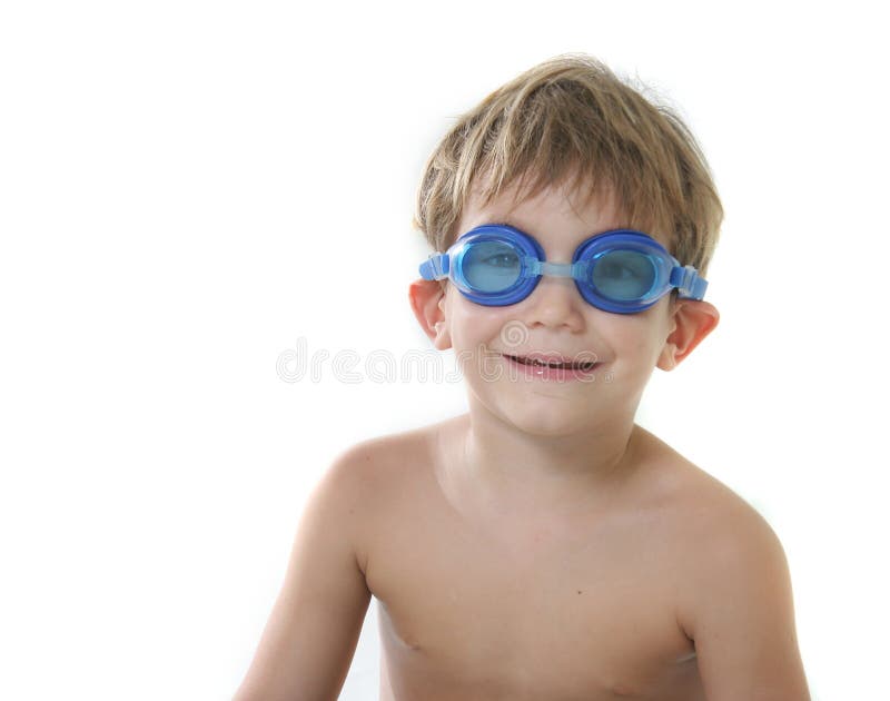 Boy in diving goggles over white