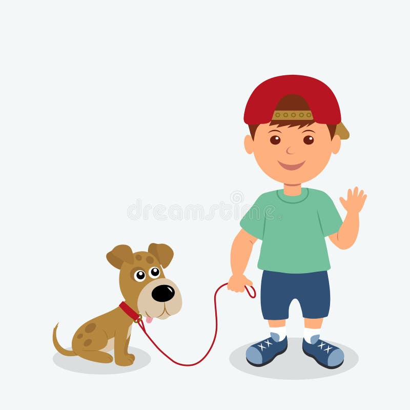 Boy and dog isolated on the white background. Kid friendly waving hand holding his puppy on a leash. Vector illustration child and puppy best friends. Boy and dog isolated on the white background. Kid friendly waving hand holding his puppy on a leash. Vector illustration child and puppy best friends.