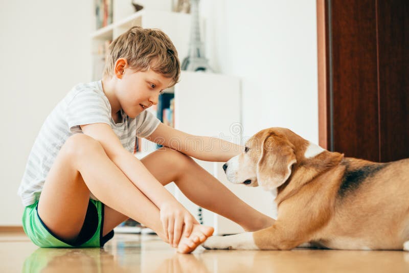 Boy and dog sits on the floor at home