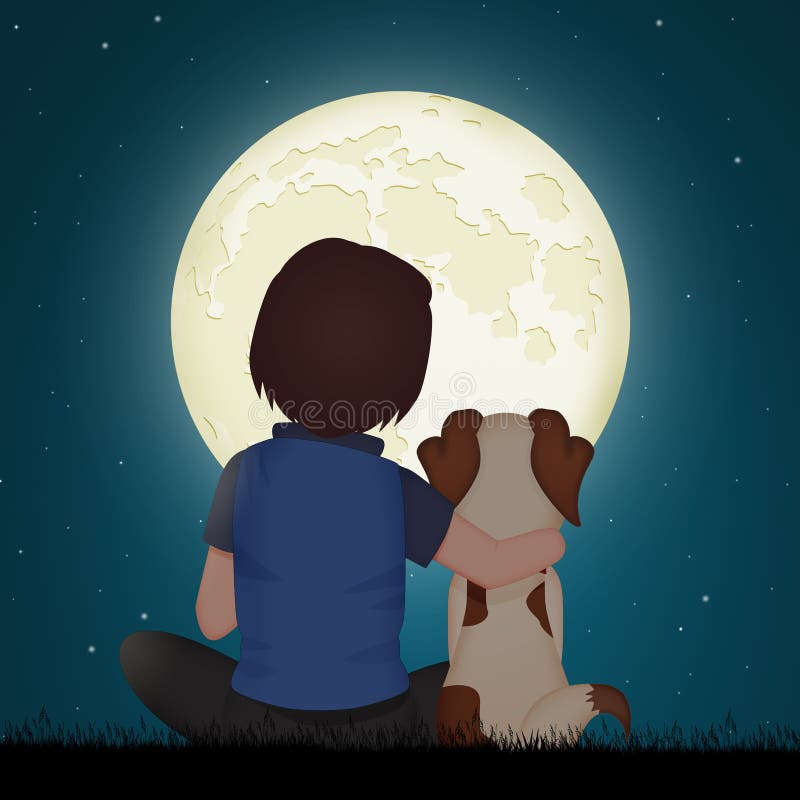 Boy and Dog Sitting in the Moonlight Stock Illustration Illustration