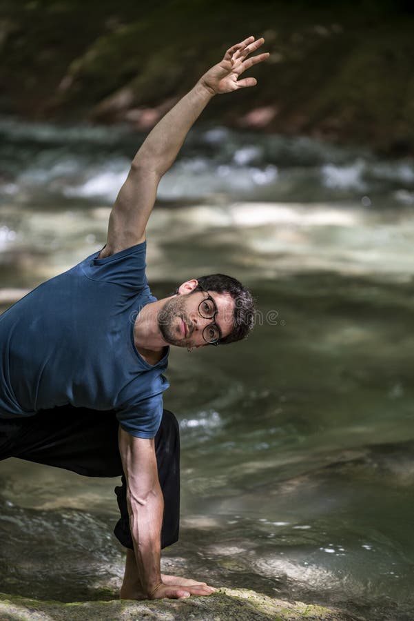 Boy Doing Yoga by the River Stock Image Image of beauty, health