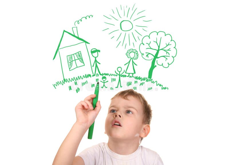 Boy drawing his family by felt-tip pen on white, collage. Boy drawing his family by felt-tip pen on white, collage