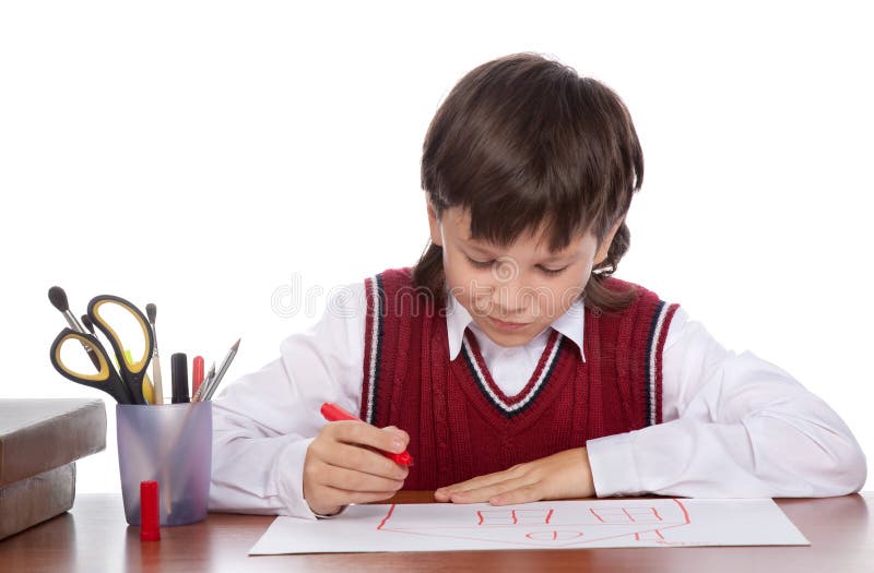 Boy drawing house royalty free stock photo