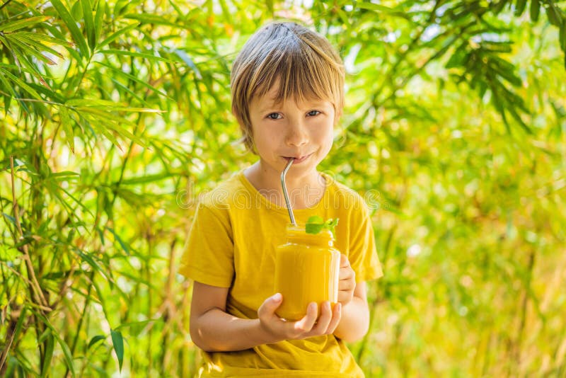 Boy Drinking Juicy Smoothie from Mango in Glass Mason Jar. Healthy Life ...
