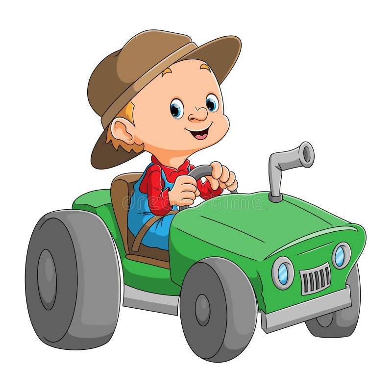 The Boy is Driving the Tractor for the Garden Stock Vector Illustration of farmland, costume