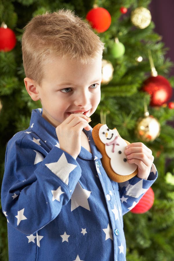 Boy Eating Cookie In Front Of Christmas Tree