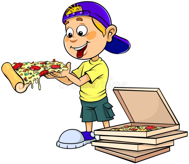 Boy eating pizza vector illustration.
