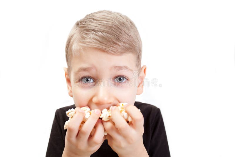 Little Girl Keeps Package with Popcorn Stock Photo Image of face