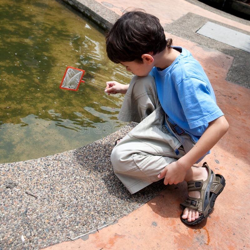 Joven chico feliz actividad de contagioso pequeno en estanque limpio.