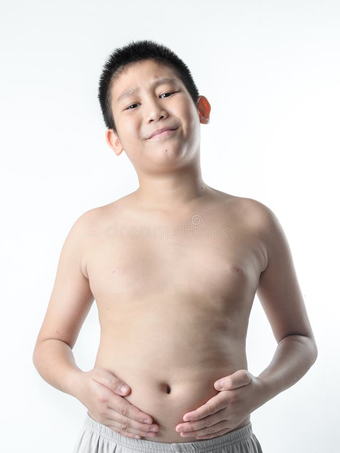 Boy with fat belly on white background..