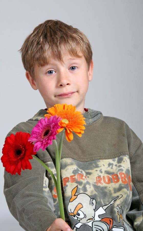 Cute Little Boy with a Bouquet of Flowers Stock Image Image of