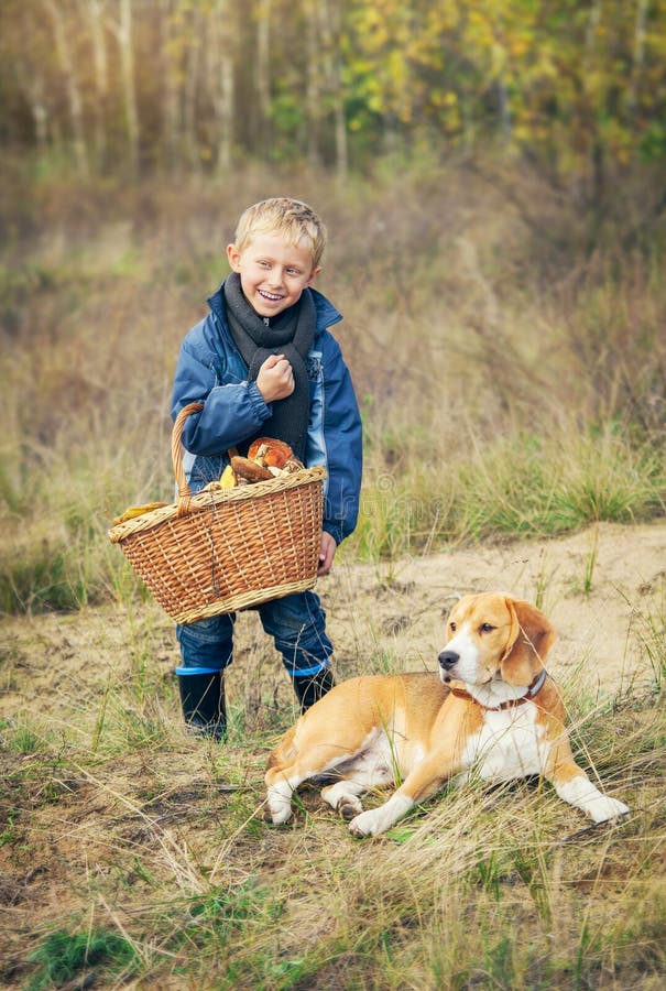 Boy with full basket of mashrooms on the forest glade