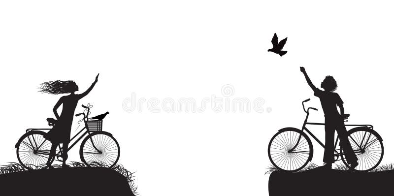 Boy and girl on bicycle waving each other and boy frees the pigeon, two lovers on the bicycle, black and white