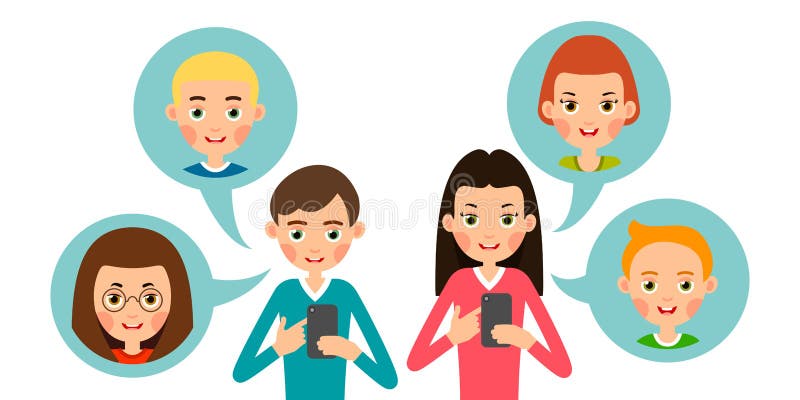 Boy and girl calling your friends. Cartoon man and woman talking on the phone. Using mobile handset. Modern means of Internet