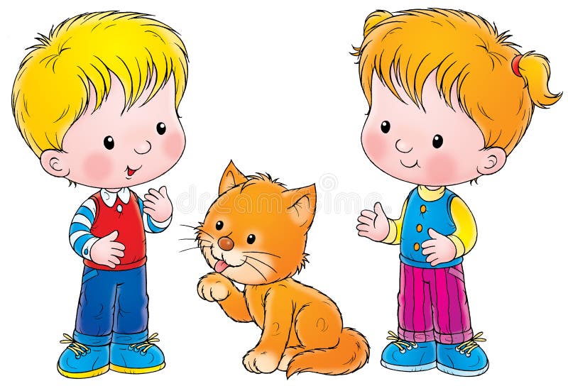 Boy, girl and cat stock illustration. Illustration of babies 2980129