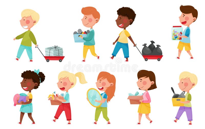 Boy and Girl Characters Carrying Sorted Garbage for Recycling Vector ...