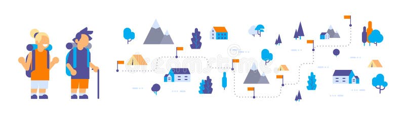 Boy girl children scouts rest camp hiking backpack forest travel isometric map isolated expedition concept flat