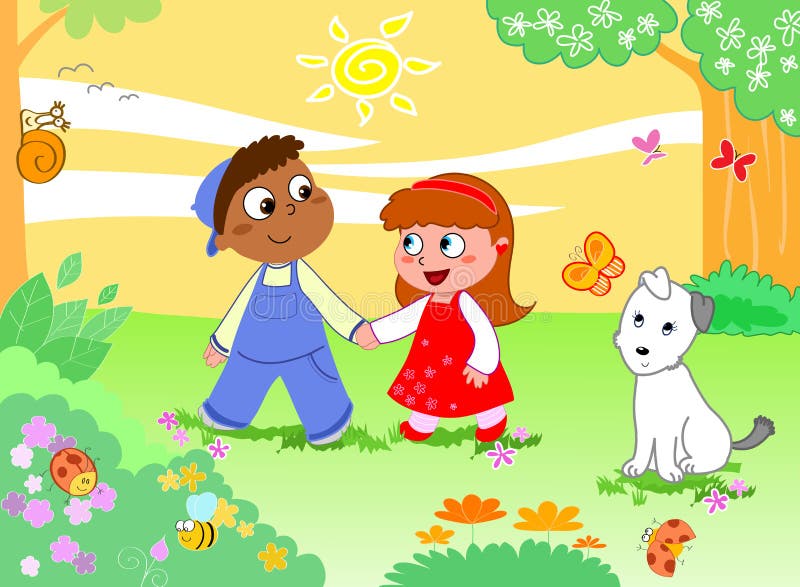 Boy girl and funny animals vector illustration