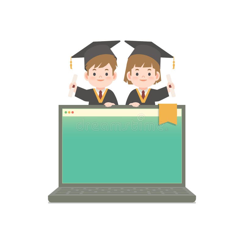 A boy and a girl in graduation gown stand on the laptop illustration vector blank banner sign frame on white background. Education