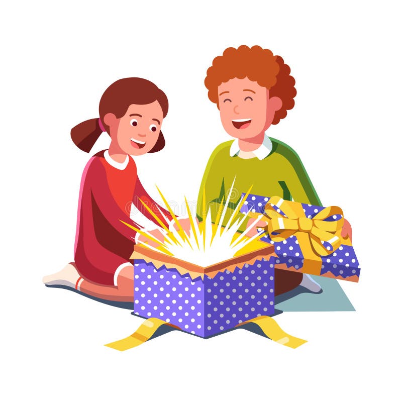 Boy and girl kids opening big wrapped gift box