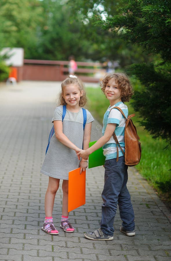 Boy and Girl - Pupils of Elementary School. Stock Image - Image of path ...