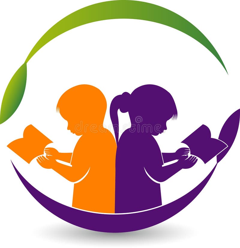 Boy and girl reading book logo vector illustration