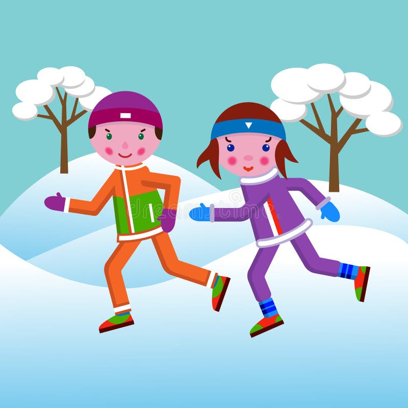 A boy and a girl run in the winter in a park among trees in the