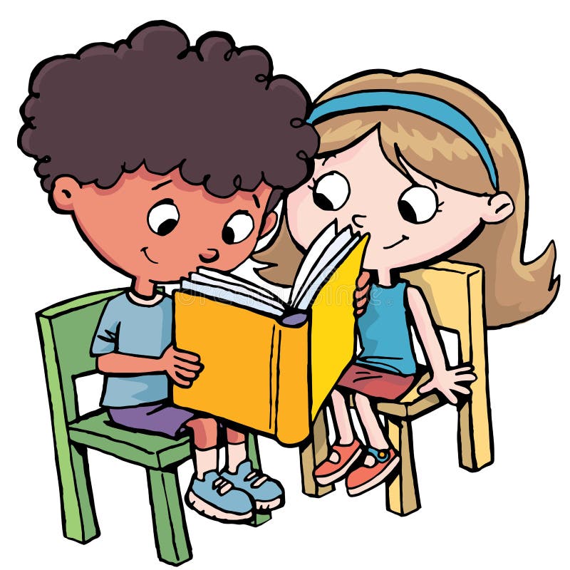 Boy and girl sitting on chairs reading a picture book and enjoying themselves