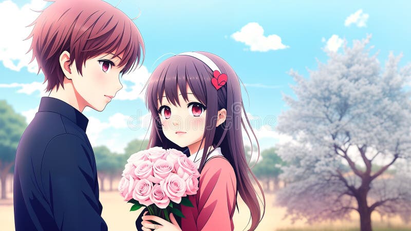 Cute couple in love. Romantic wallpaper. Anime style characters. AI Stock  Illustration