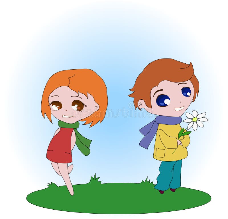 The boy gives flowers to the girl. vector illustration The boy gives flowers to the girl. vector illustration