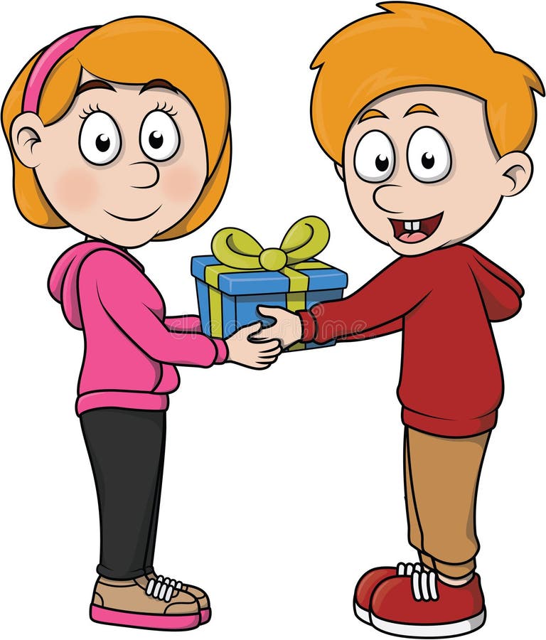 Boy Giving Gift To Girl Cartoon Color Illustration. 