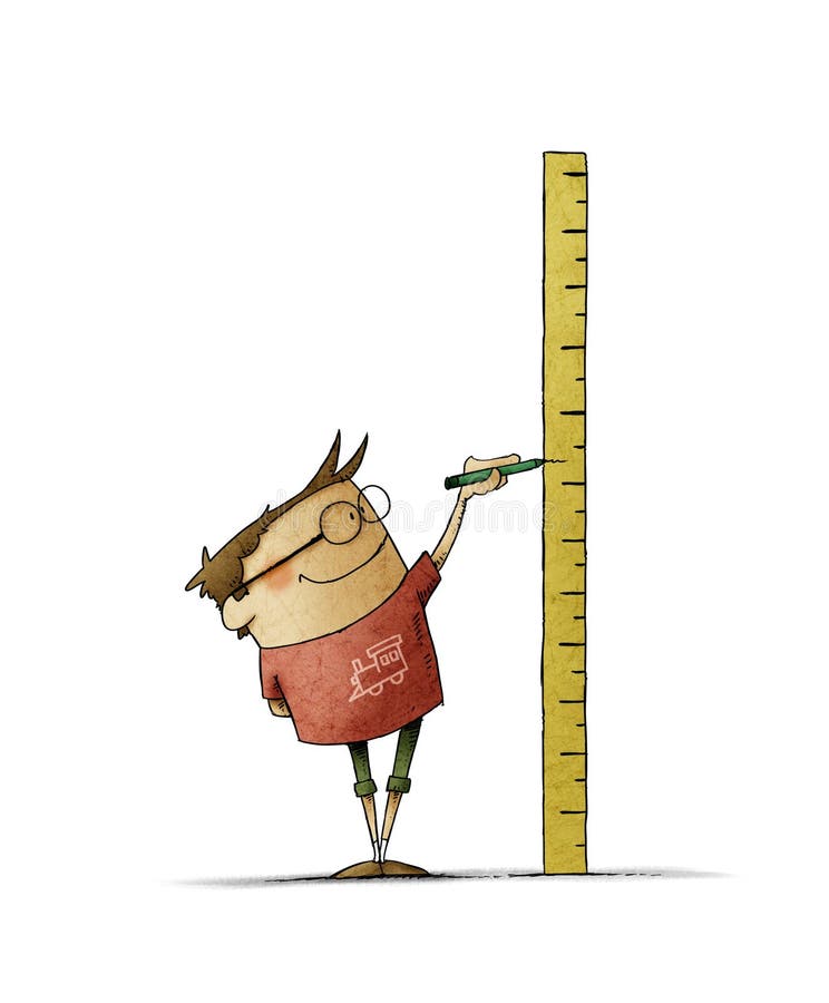 Boy  makes a mark on a ruler in which he has measured his height. isolated