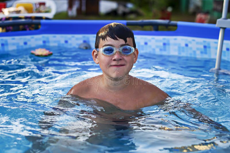Boy with Glasses for Swimming in the Pool Stock Photo Image of