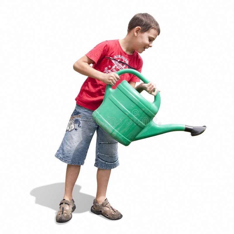 Boy and green wateringcan stock image. Image of beautiful 15123791