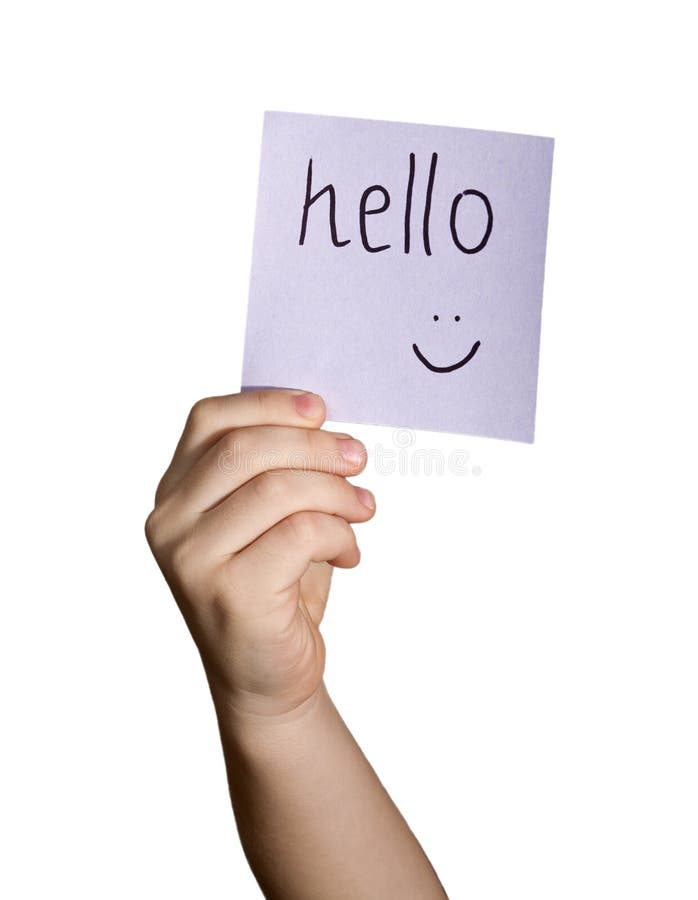 Boy hand holding notepaper on white background stock photography