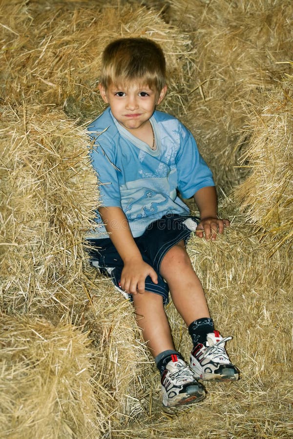 Boy in a haystack royalty free stock image