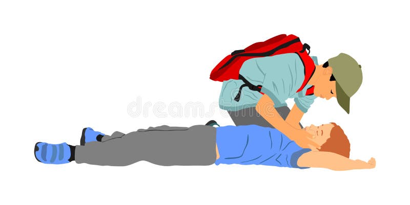 Boy helps friend in unconscious drowning. Car accident victim. Paramedic rescue patient first aid  illustration. Sneak attack rescue team. Fire victim evacuation. Health care training dead body.