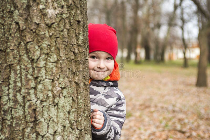 The boy hides behind a tree in the park. A child looks out from behind a tree, playing hide and seek on the street. Little boy is stock images The boy hides behind a tree in the park. A child looks out from behind a tree, playing hide and seek on the street. Little boy is stock images
