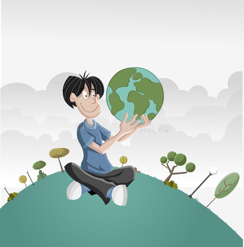 Cartoon boy holding earth globe.