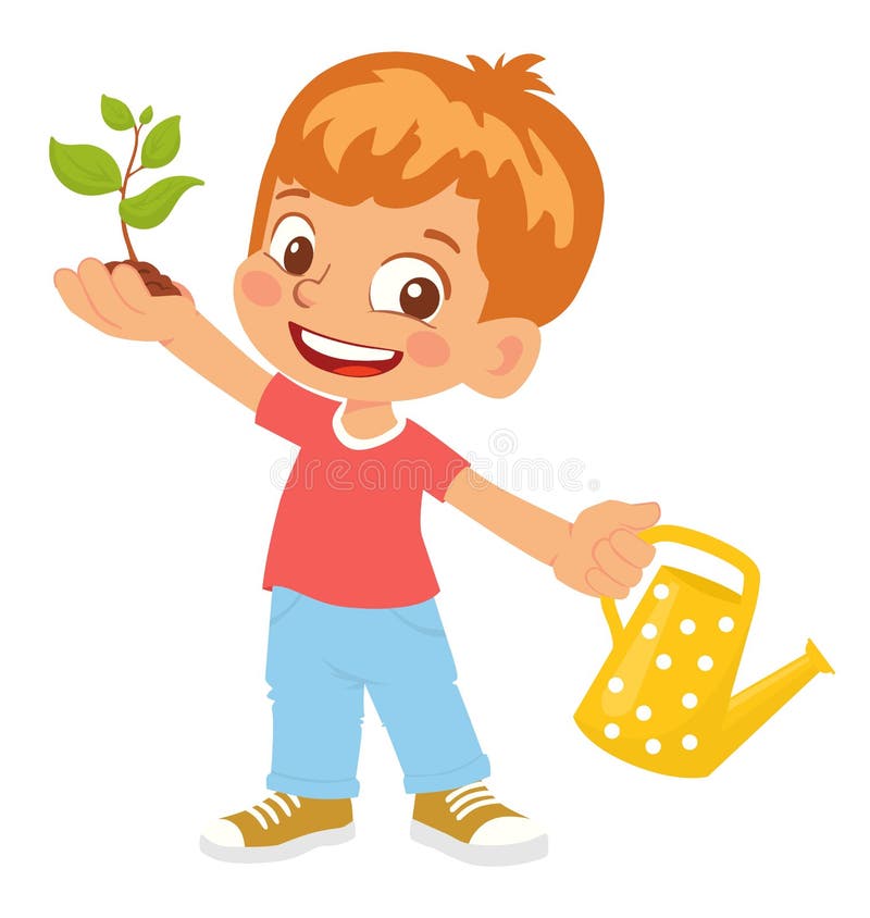 Boy Holding Sprout and Watering Can Stock Vector - Illustration of ...