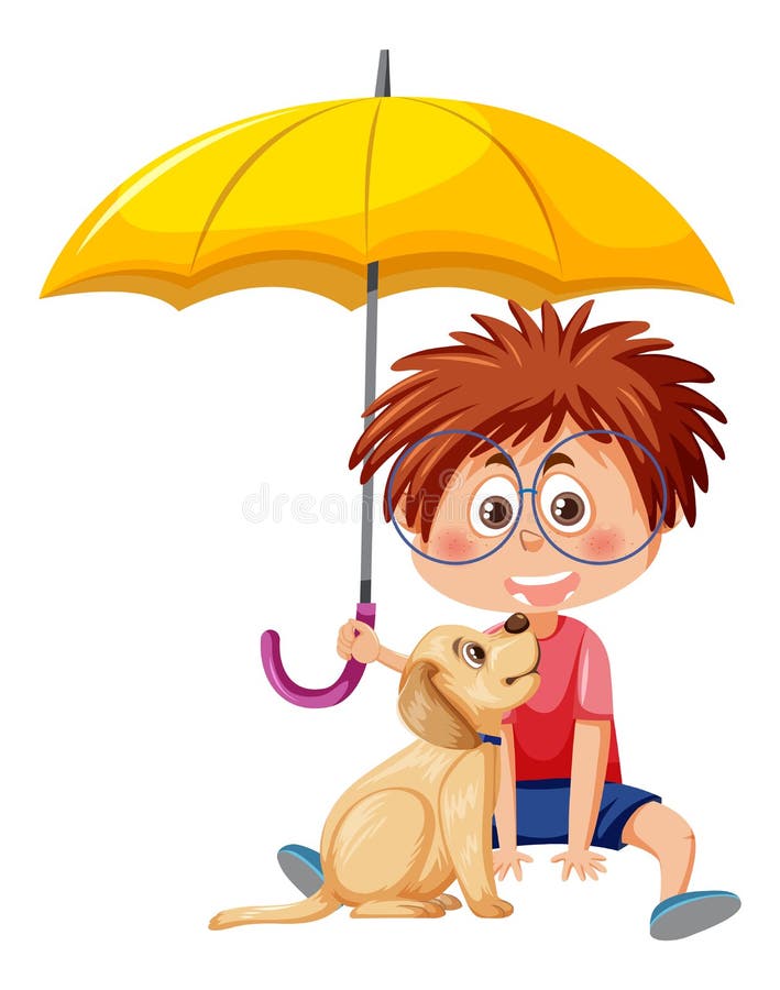 A Boy Holding Umbrella and a Dog Stock Vector Illustration of season
