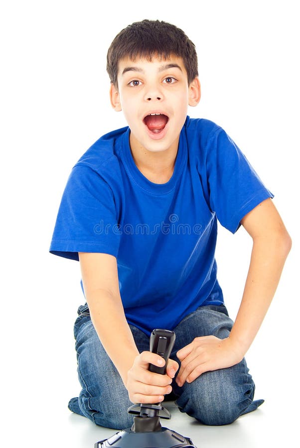 Boy with a joystick playing video games