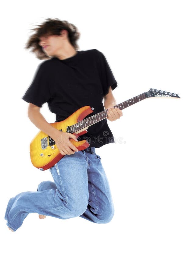 Boy Jumping With Electric Guitar Over White