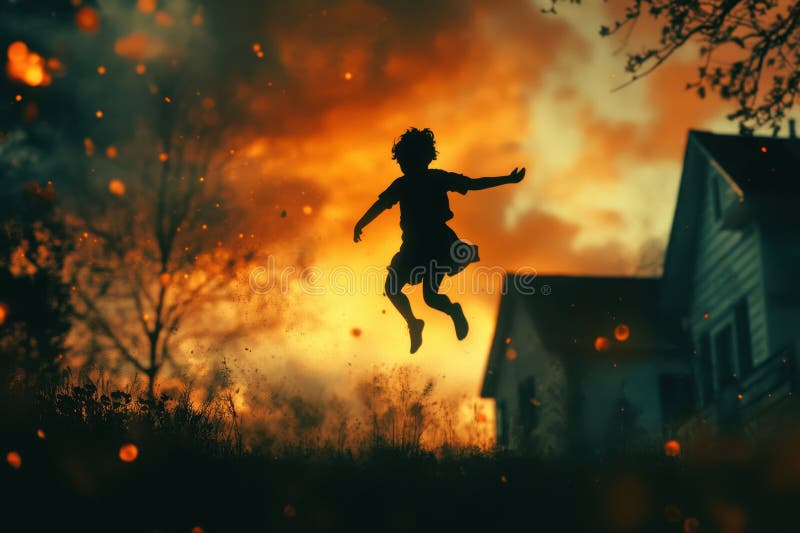 Boy jumping joyfully in silhouette against a dramatic sunset sky with scattered embers and a distant house in a rural royalty free stock image