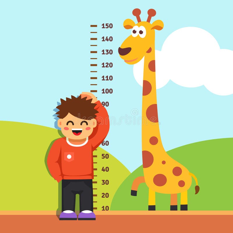 Boy kid is measuring his height with painted graduations on the kindergarten wall. Vector flat style isolated cartoon illustration. Boy kid is measuring his height with painted graduations on the kindergarten wall. Vector flat style isolated cartoon illustration.