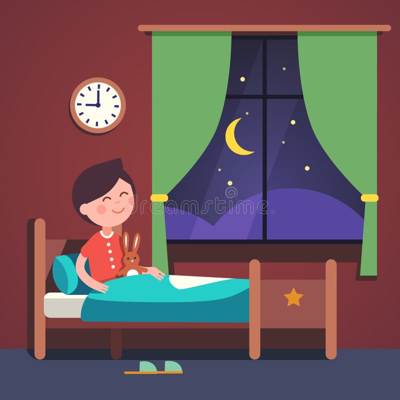 Boy kid preparing to sleep bedtime in his bedroom bed. Good night time. Modern flat style vector illustration cartoon clipart.