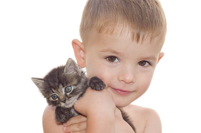 Boy with a kitten stock image. Image of affectionate 32667003