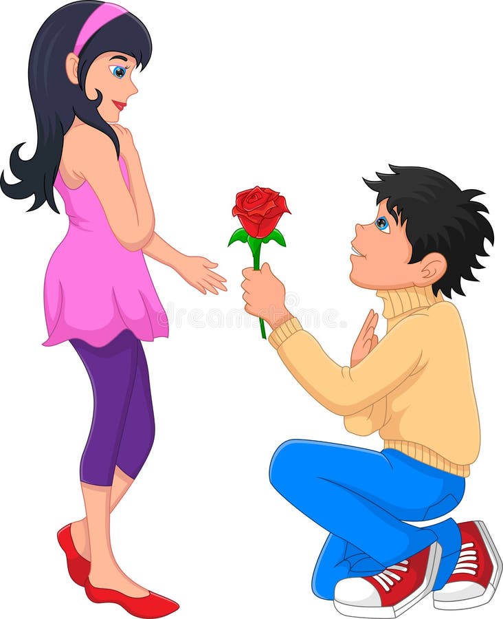 Boy kneels on one knee giving flowers to girl